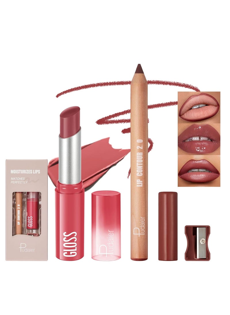 pudaier 2Pcs Lip Liner and Lipstick Combo Highly Pigmented Lip Liner and Lipstick Set for women Long Lasting Matte Lip Pencil and Hydrating Lip Balm Lip Gloss Makeup Kits with Sharpener 