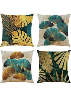 The Bros Cushion Covers, Throw Pillow Covers, Linen Square Throw Pillow Covers, Couch Bed Pillowcases, Green, Gold Leaves, for Living Room Sofa, 45cm x 45cm (18x18 inch) 4 PCS  - Image 1