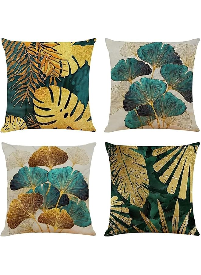 The Bros Cushion Covers, Throw Pillow Covers, Linen Square Throw Pillow Covers, Couch Bed Pillowcases, Green, Gold Leaves, for Living Room Sofa, 45cm x 45cm (18x18 inch) 4 PCS - Image 1