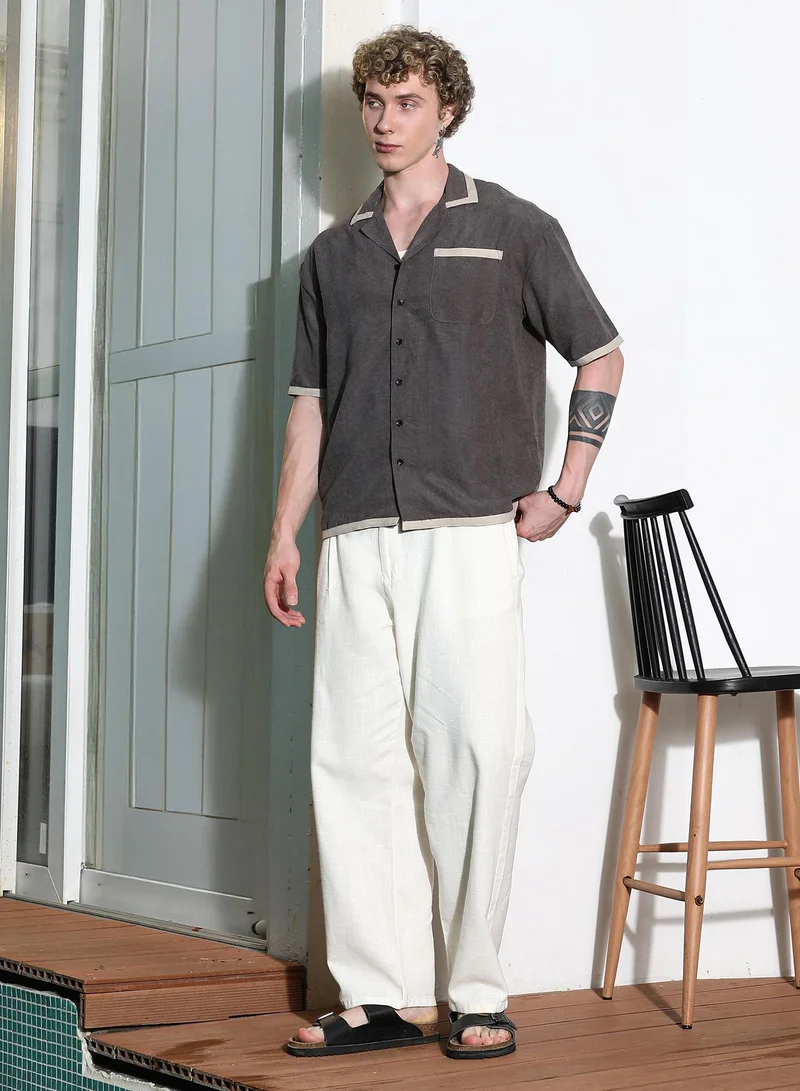 Campus Sutra Men's Charcoal Grey Cuban Collar Shirt With Beige Accents