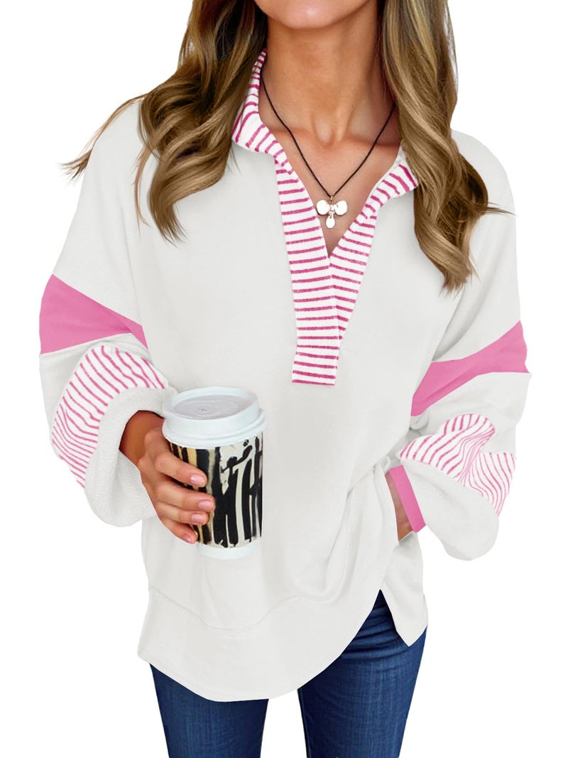 Fisoew Womens Color Block Oversized Sweatshirt Polo V Neck Long Sleeve Shirts Casual Loose Pullover Tops Pink - Image 1