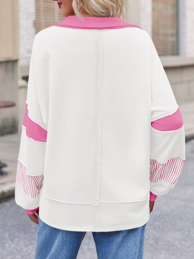 Fisoew Womens Color Block Oversized Sweatshirt Polo V Neck Long Sleeve Shirts Casual Loose Pullover Tops Pink - Image 3