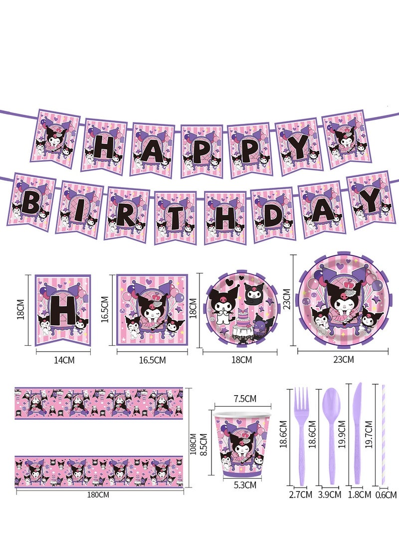 Birthday Party Supplies Kit for 10 Guests - for Kuromi Birthday Decorations, Includes Dinner & Dessert Plates, Napkins, Cups, Banner and Tablecloth  - Image 2