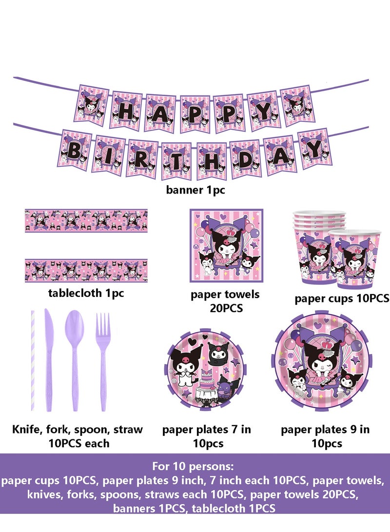 Birthday Party Supplies Kit for 10 Guests - for Kuromi Birthday Decorations, Includes Dinner & Dessert Plates, Napkins, Cups, Banner and Tablecloth  - Image 3