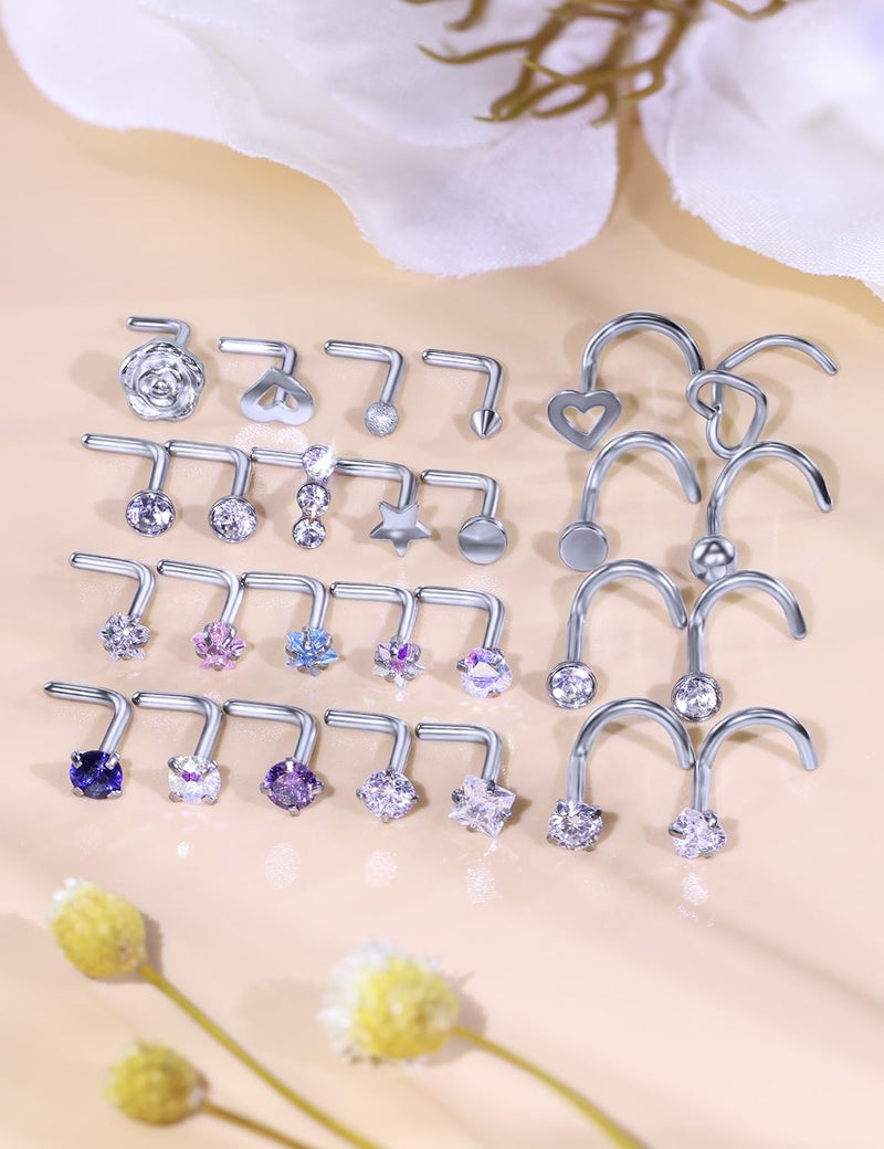 Kridzisw 20G Nose Rings Hoops Studs Piercing Jewelry for Women 20 Gauge Stainless Surgical Steel L Shaped Bend Screw Nose Ring Hoop Nose Rings Stud Nostril Piercing Jewelry Men Silver 2mm CZ Diamond - Image 3