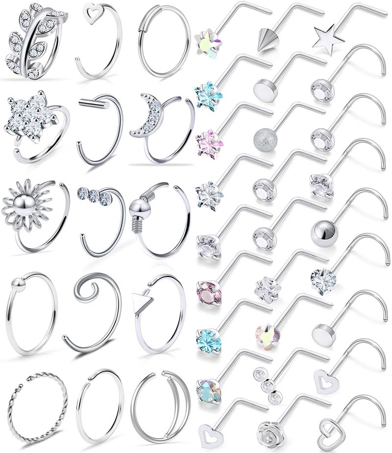 Kridzisw 20G Nose Rings Hoops Studs Piercing Jewelry for Women 20 Gauge Stainless Surgical Steel L Shaped Bend Screw Nose Ring Hoop Nose Rings Stud Nostril Piercing Jewelry Men Silver 2mm CZ Diamond - Image 1