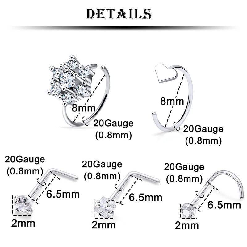 Kridzisw 20G Nose Rings Hoops Studs Piercing Jewelry for Women 20 Gauge Stainless Surgical Steel L Shaped Bend Screw Nose Ring Hoop Nose Rings Stud Nostril Piercing Jewelry Men Silver 2mm CZ Diamond - Image 2