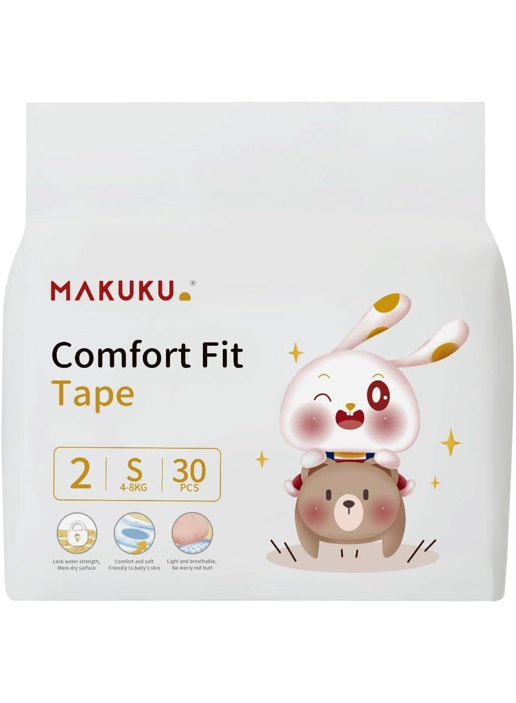 Makuku Comfort Fit Tape Diapers, Diapers size 2, Small, Suitable for babies over 4-8 Kg and 2-3 Months, 30 Diapers