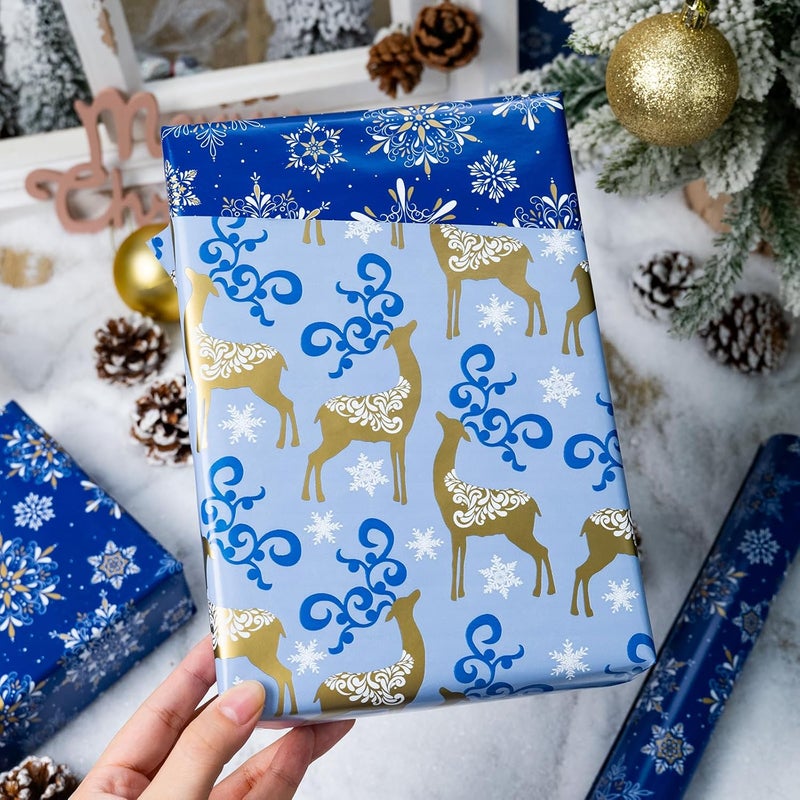 MAYPLUSS Christmas Wrapping Paper Roll - 17 Inch X 33 Feet - Navy Blue Christmas Snowflake Reversible Gold Reindeer Gift Wrapping Paper, Thick Wrap Paper for Holiday Party New Year Kids - Image 3