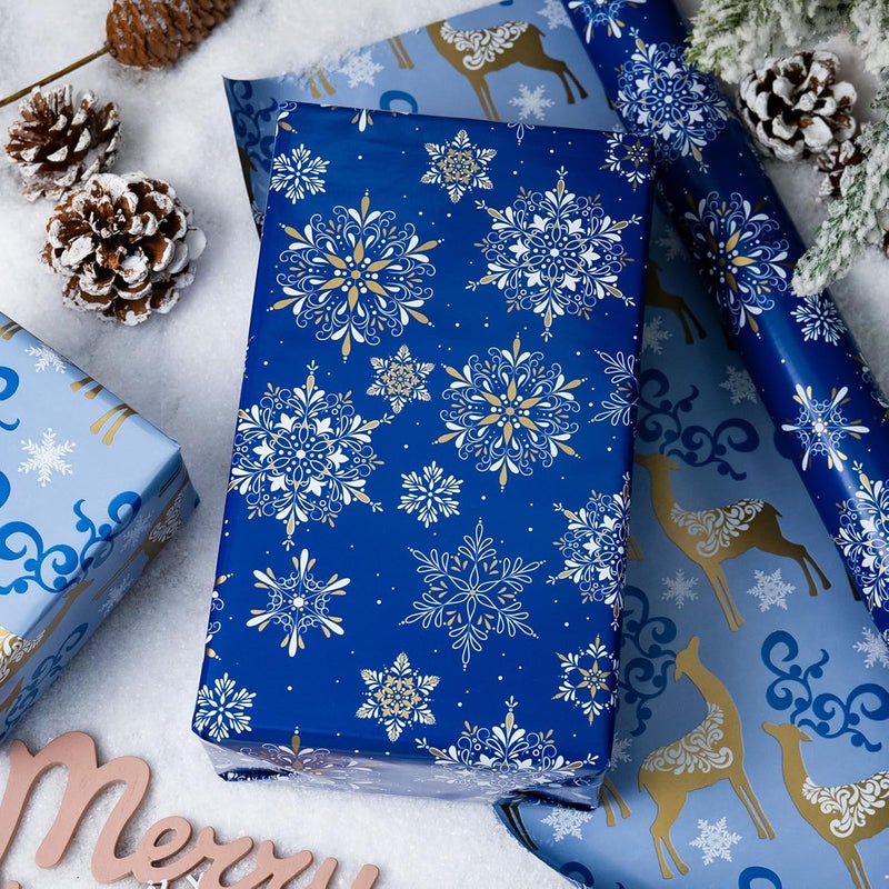 MAYPLUSS Christmas Wrapping Paper Roll - 17 Inch X 33 Feet - Navy Blue Christmas Snowflake Reversible Gold Reindeer Gift Wrapping Paper, Thick Wrap Paper for Holiday Party New Year Kids - Image 4