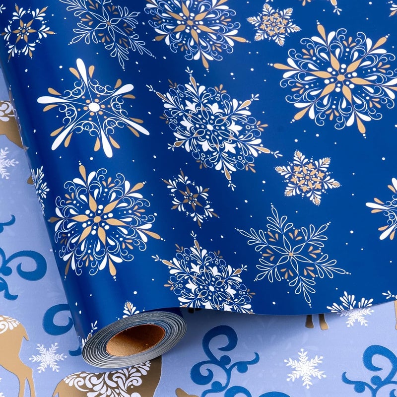 MAYPLUSS Christmas Wrapping Paper Roll - 17 Inch X 33 Feet - Navy Blue Christmas Snowflake Reversible Gold Reindeer Gift Wrapping Paper, Thick Wrap Paper for Holiday Party New Year Kids - Image 1
