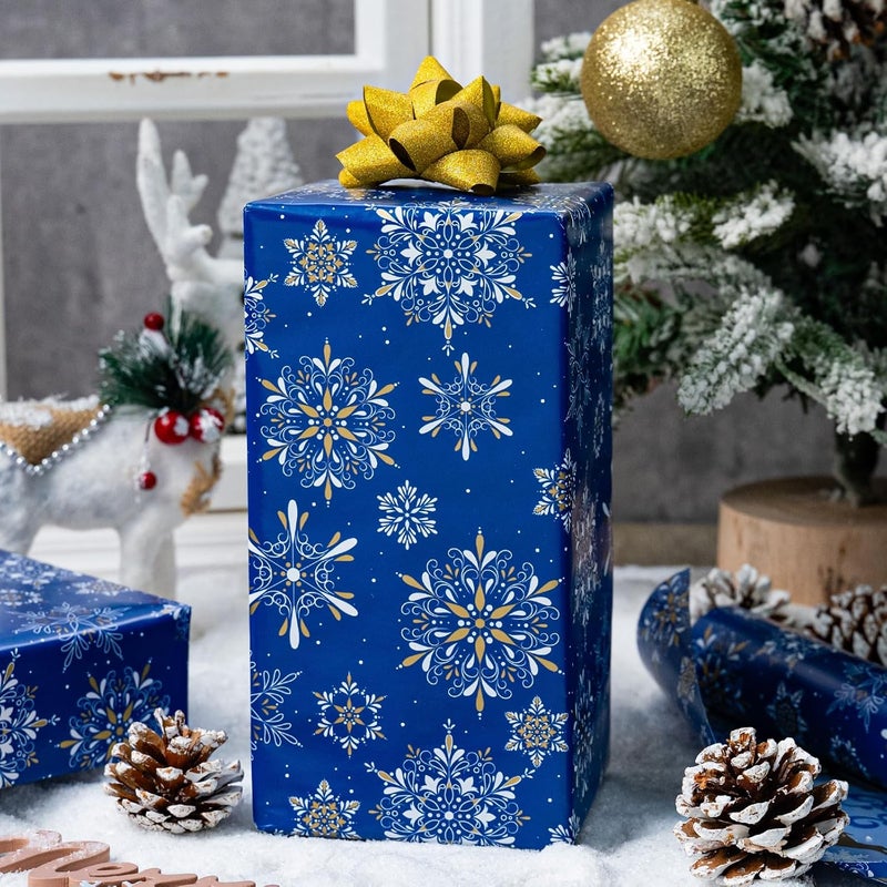 MAYPLUSS Christmas Wrapping Paper Roll - 17 Inch X 33 Feet - Navy Blue Christmas Snowflake Reversible Gold Reindeer Gift Wrapping Paper, Thick Wrap Paper for Holiday Party New Year Kids - Image 5