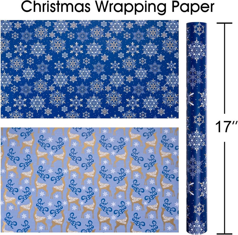 MAYPLUSS Christmas Wrapping Paper Roll - 17 Inch X 33 Feet - Navy Blue Christmas Snowflake Reversible Gold Reindeer Gift Wrapping Paper, Thick Wrap Paper for Holiday Party New Year Kids - Image 2
