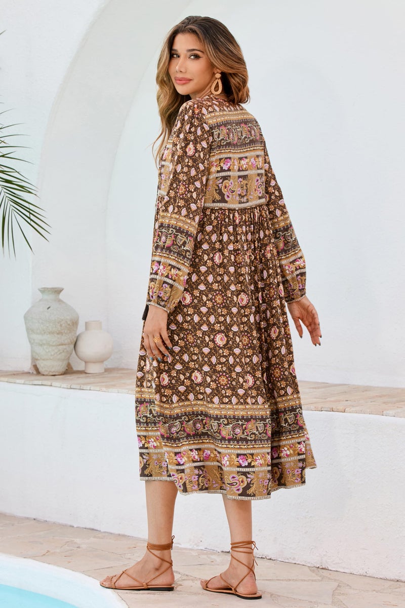 R.Vivimos Women's Long Sleeve Floral Print Retro V Neck Tassel Bohemian Midi Dresses (X-Large, Brown) - Image 2