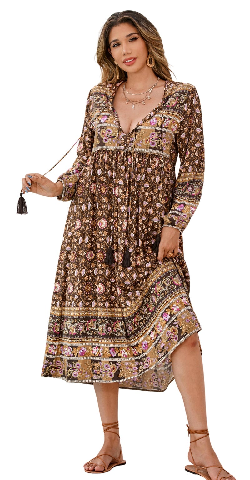 R.Vivimos Women's Long Sleeve Floral Print Retro V Neck Tassel Bohemian Midi Dresses (X-Large, Brown) - Image 1