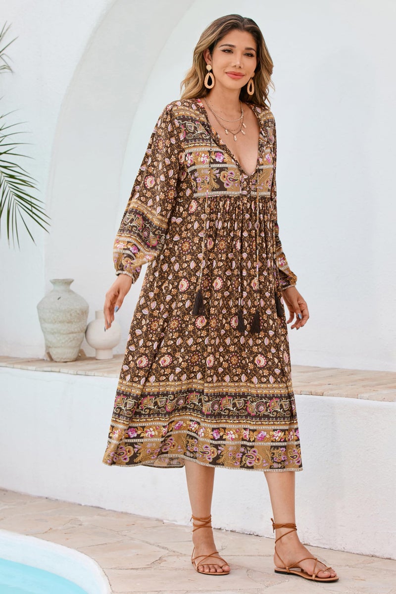 R.Vivimos Women's Long Sleeve Floral Print Retro V Neck Tassel Bohemian Midi Dresses (X-Large, Brown) - Image 4