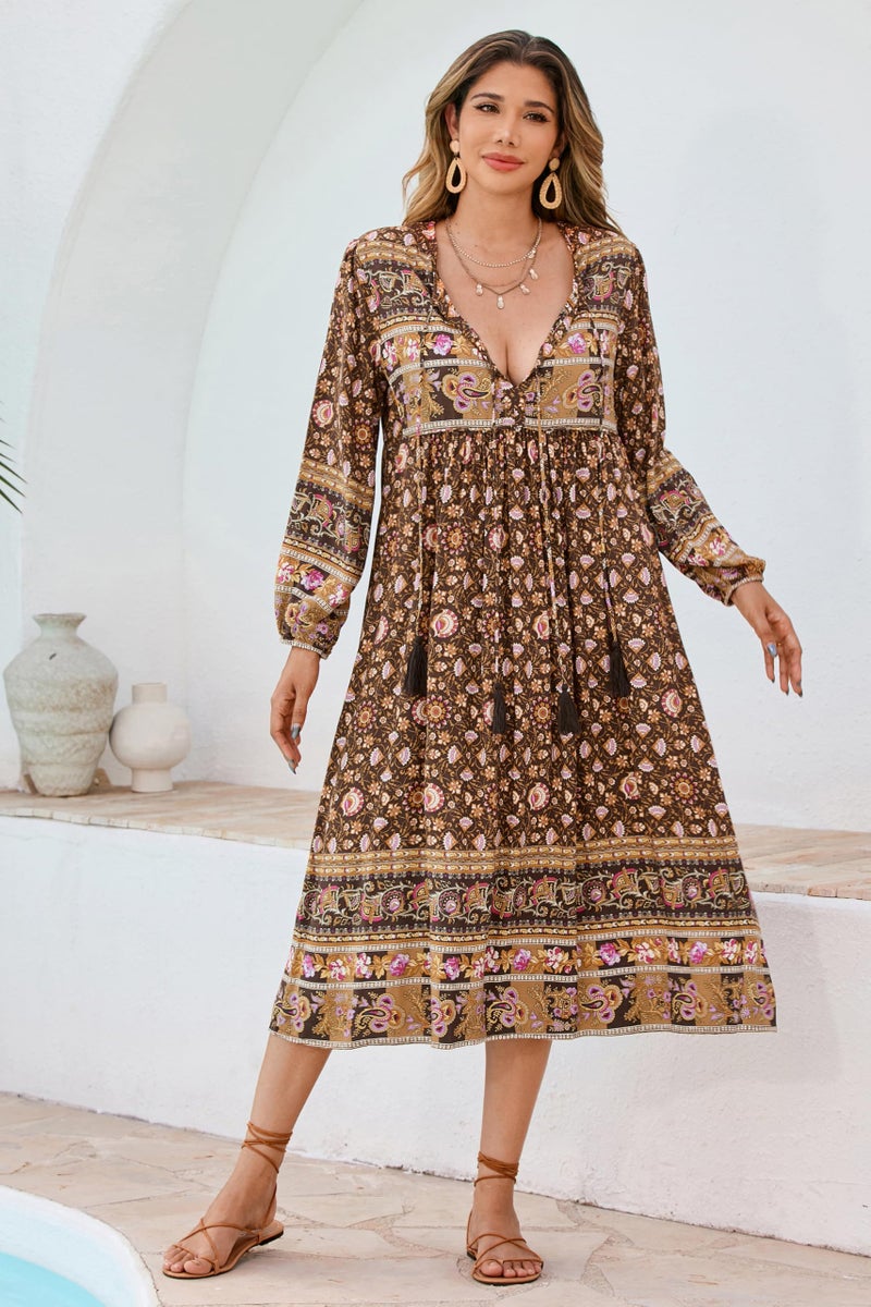 R.Vivimos Women's Long Sleeve Floral Print Retro V Neck Tassel Bohemian Midi Dresses (X-Large, Brown) - Image 5