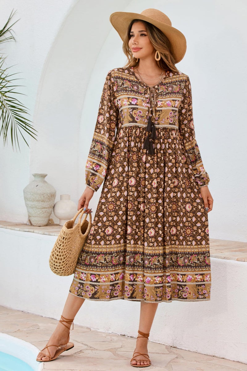 R.Vivimos Women's Long Sleeve Floral Print Retro V Neck Tassel Bohemian Midi Dresses (X-Large, Brown) - Image 3