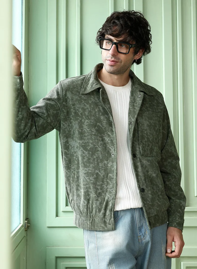 Campus Sutra Men Faded-Corduroy Utility Bomber Jacket | Point Collar, Long Button-Cuff Sleeves | Snap Button , Stretch-Straight Hem | Abstract Print Woven Fabric For Casual & Daily Wear | Green