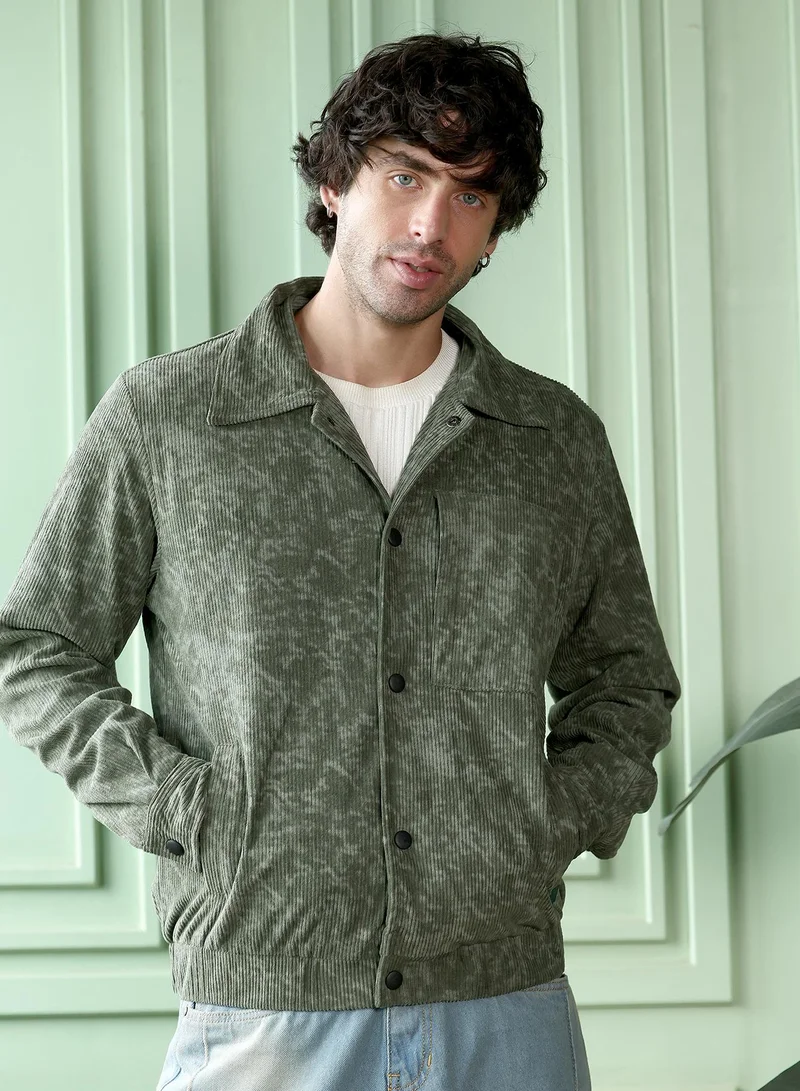 Campus Sutra Men Faded-Corduroy Utility Bomber Jacket | Point Collar, Long Button-Cuff Sleeves | Snap Button , Stretch-Straight Hem | Abstract Print Woven Fabric For Casual & Daily Wear | Green