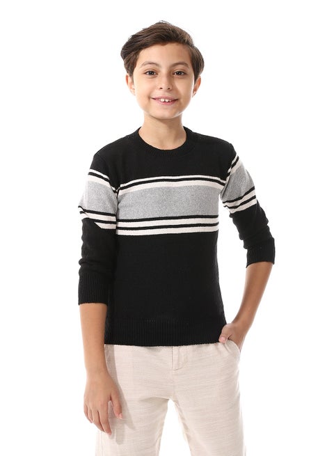 Ribbed Hem Striped Slip On Pullover For Boys_Multicolour
