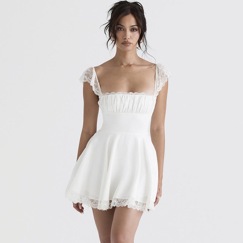European and American Fashion Women's New Lace Lace Square Collar Slip Skirt Slim-fit Backless White French dress Women - Image 1