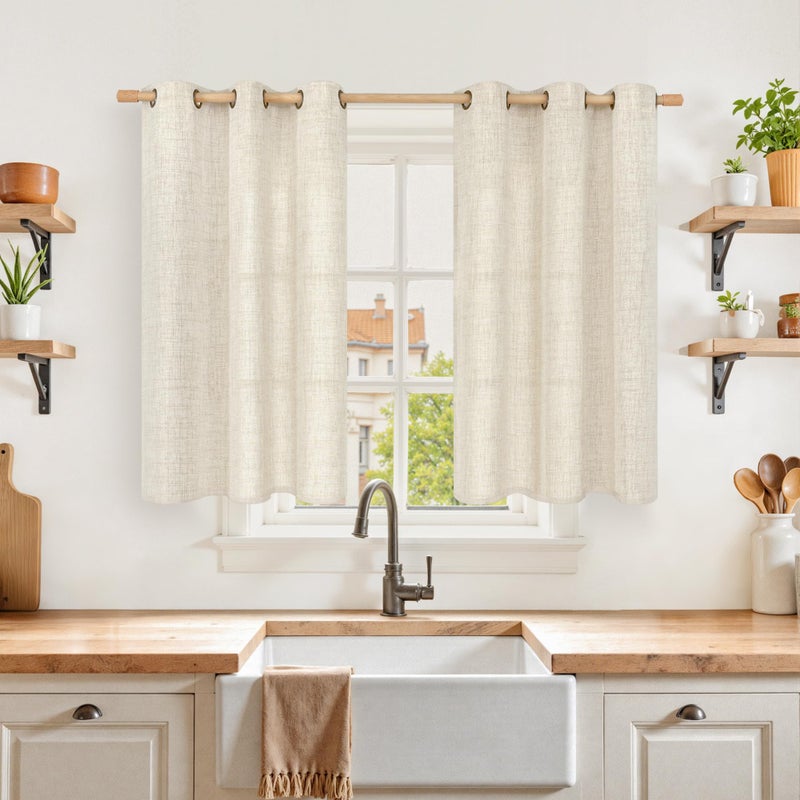 YoungsTex Short Linen Curtains 40 Inches Long for Kitchen Window Over Sink, Cream Semi Sheer Drapes Light Filtering with Bronze Grommet for Cafe Bathroom Small Window, 42 x 40 Inch, 2 Panels - Image 1
