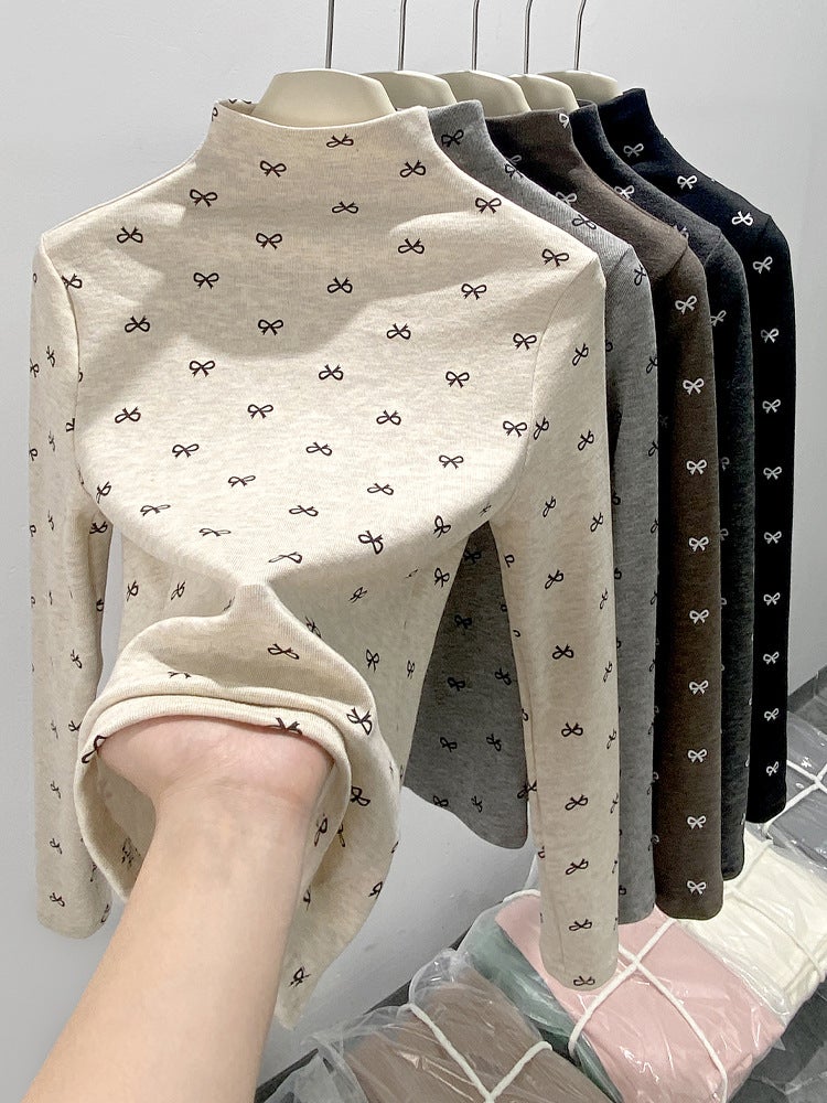 H578 نصف طوق عالية الزهور Bowknot الطبقة الداخلية قميص للنساء، الربيع الجديد والخريف متعددة الاستخدامات رقيقة تناسب الأكمام الطويلة أعلى - Image 3