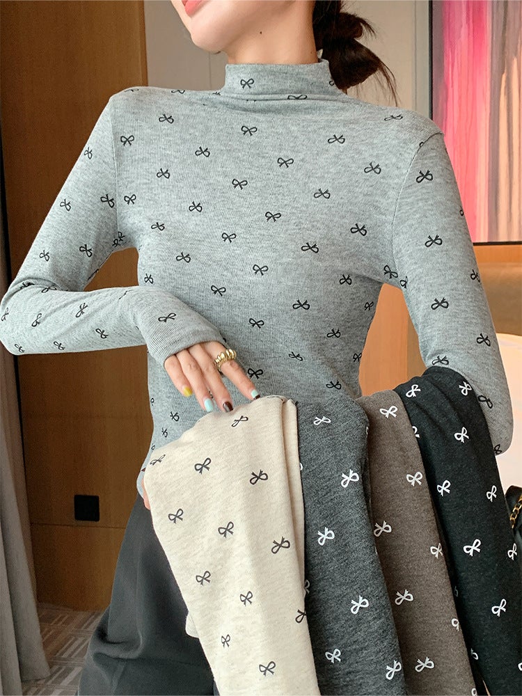 H578 نصف طوق عالية الزهور Bowknot الطبقة الداخلية قميص للنساء، الربيع الجديد والخريف متعددة الاستخدامات رقيقة تناسب الأكمام الطويلة أعلى - Image 2