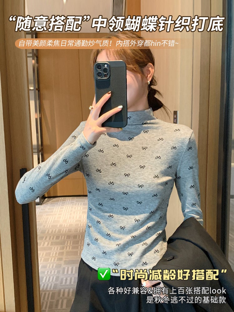 H578 نصف طوق عالية الزهور Bowknot الطبقة الداخلية قميص للنساء، الربيع الجديد والخريف متعددة الاستخدامات رقيقة تناسب الأكمام الطويلة أعلى - Image 4
