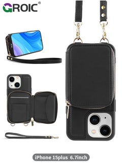 GROIC iPhone 15 Plus Black Crossbody Wallet Case with Wrist Strap, Card Holder Phone Purse for Women, RFID Blocking Zipper Leather Cover for iPhone 15 Plus  - Image 1