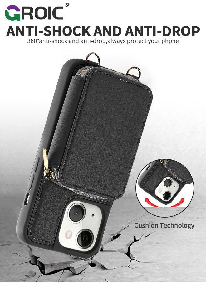 GROIC iPhone 15 Plus Black Crossbody Wallet Case with Wrist Strap, Card Holder Phone Purse for Women, RFID Blocking Zipper Leather Cover for iPhone 15 Plus  - Image 4