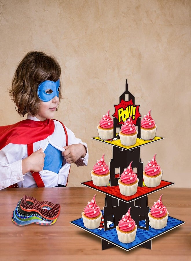 KALEFO Superhero Party Supplies Cake Stand 3 Tier Cupcake Stand Super Hero Parties Favors Mini Cup Cake Holder for Birthday Decorations (Superhero) - Image 5
