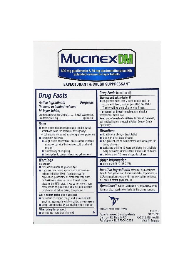 MUCINEX Mucinex, Mucinex DM, 20 Extended-Release Bi-Layer Tablets - Image 2