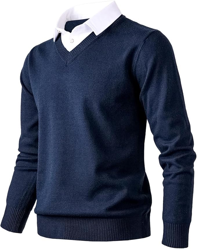 Herothorn Mens Knit Sweater Fashion Pullover Soft Touch VNeck Sweatshirt Top with Plaid or White Mock Shirt Collar