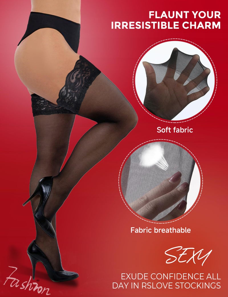 Buauty Black Thigh High Stockings for Women â€“ Lace Top Sexy Thigh Highs Pantyhose, Plus Size Sheer Black Tightsï¼ˆ1 pair - Image 3