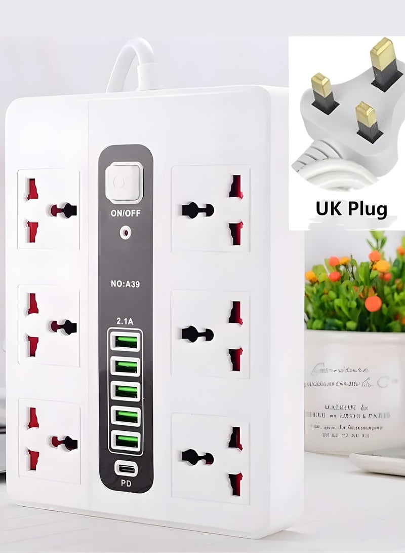 PowerMax Power Strip Extension Socket with 6 Universal Outlets & 6 USB Ports (5 USB-A + 1 PD Type-C), Smart Fast Charging Multi Plug Extension, 2500W, UK 3-Pin Plug, Child Safety Protection, Flame Retardant Material – Ideal for Home & Office - Image 1