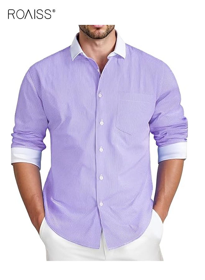 رويس قمصان رسمية للرجال، قمصان رسمية بأزرار، قمصان رسمية مخططة بأكمام طويلة، قمصان داخلية بمقاس عادي، قمصان فضفاضة وواسعة، قمصان يومية للربيع والخريف - Image 1