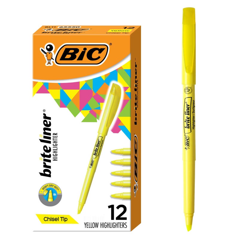 BIC Brite Liner Highlighters, Chisel Tip, 12-Count Pack of Yellow Highlighters, Ideal Highlighter Set for Organizing and Coloring - Image 1