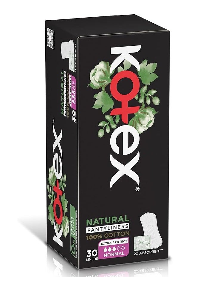 Kotex - Natural Panty Liners, 100% Cotton, Normal Size, 30 Daily Panty Liners - Image 1