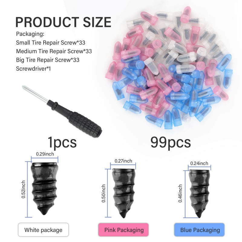 YGDMD 100PCS Tire Screw Plug Repair Kit,Self-Service Tire Repair Kit Includes 3 Sizes of Screw in Tires Plugs & Screwdriver for Quick Repairs,Professional Tires Repairs Rubber Nail - Image 2