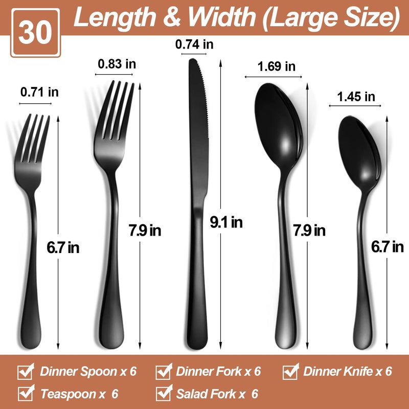 Lazycorner 30 Pcs Black Silverware Set for 6, Mirror Polished Flatware Set Stainless Steel Fork Knife Spoon, Food Grade Eating Utensils Sets, Reusable Silverwear Cutlery Set, Dishwasher Safe - Image 2
