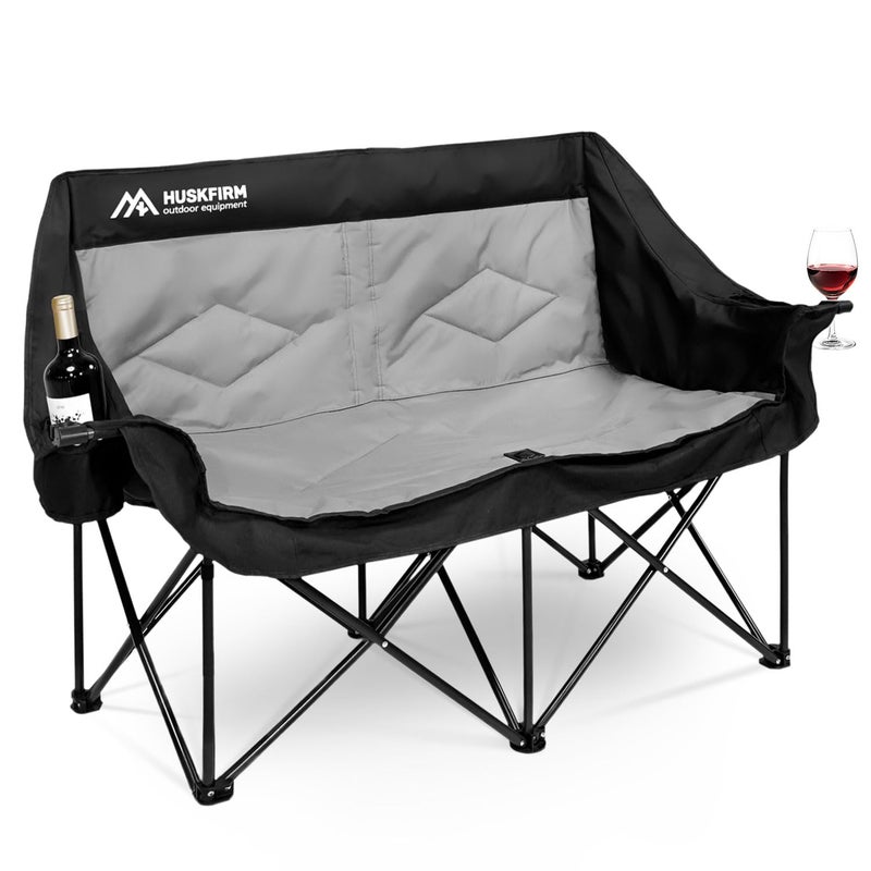 Huskfirm 2 Person Camping Chair Oversized Loveseat Camping Chair Double Camping Chairs for Adults Heavy Duty Camping Couch Black Outdoor Folding Chair Portable Patio Lawn Chair