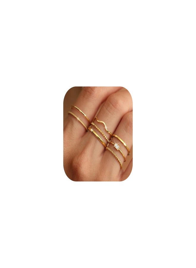 THUNARAZ 8Pcs Stackable Rings for Women Non Tarnish 14K Gold Plated Stainless Steel Dainty Rings Set Minimalist Thin Thumb Ring Cubic Zirconia Wave Statement Ring Bands for Women Gold Size 7 - Image 1