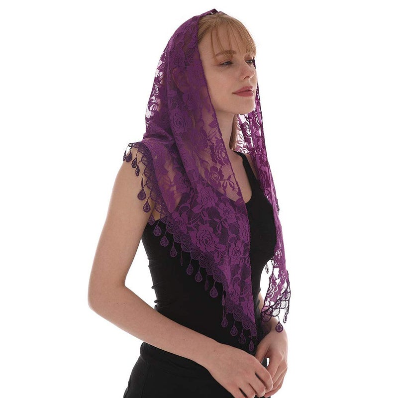 LMVERNA وشاح مثلث مع أطراف دانتيل موضة مانتيلا حجاب كاثوليكي للنساء (بنفسجي) - Image 1
