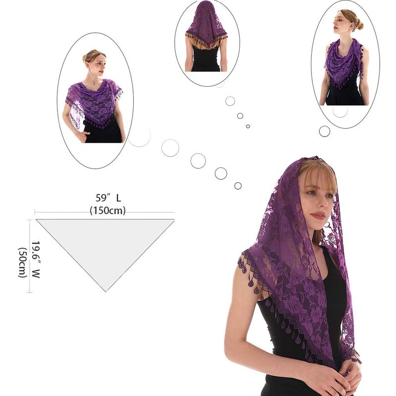 LMVERNA وشاح مثلث مع أطراف دانتيل موضة مانتيلا حجاب كاثوليكي للنساء (بنفسجي) - Image 2
