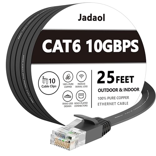 Jadaol Cat 6 Ethernet Cable 25 ft, Outdoor & Indoor 10Gbps Support Cat8 Cat7 Network, Flat RJ45 Internet LAN Computer Patch Cable for Router, Modem, Switch, Gaming Consoles, Streaming Devices, Black - Image 1