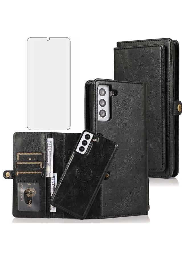 Asuwish Phone Case for Samsung Galaxy S21 Plus Glaxay S21+ 5G Wallet Detachable Cover with Tempered Glass Screen Protector and Flip Card Holder Cell Gaxaly S21+5G S21plus 21S + S 21 21+ G5 Women Black - Image 1