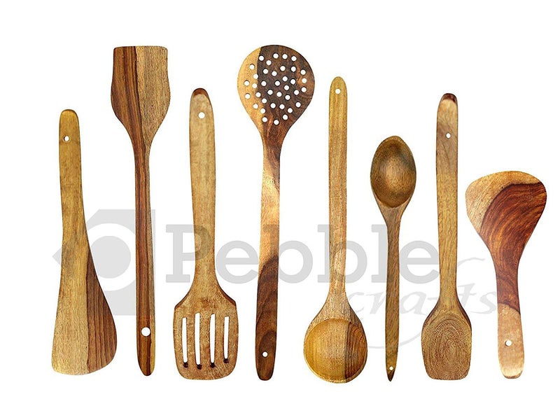 PEBBLECRAFTS Handmade Wooden Cooking Spoons and Serving Spoon Set, Non Stick Kitchen Utensil Spatula (Set of 8, Yellow, Natural ). - Image 1