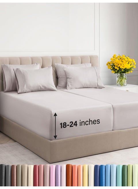 Extra Deep King Sheet Set - 6 Piece Breathable & Cooling Sheets - Hotel Luxury Bed Sheets Set - Easy & Secure Fit - Soft  Wrinkle Free & Comfy Sheets Set - Light Grey Sheet Set with Extra Deep Pockets